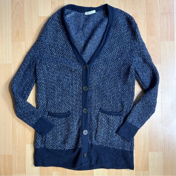 Madewell Birds Eye Maysfield Alpaca Wool Blend Cardigan Blue and White Cozy Soft - Picture 5 of 11